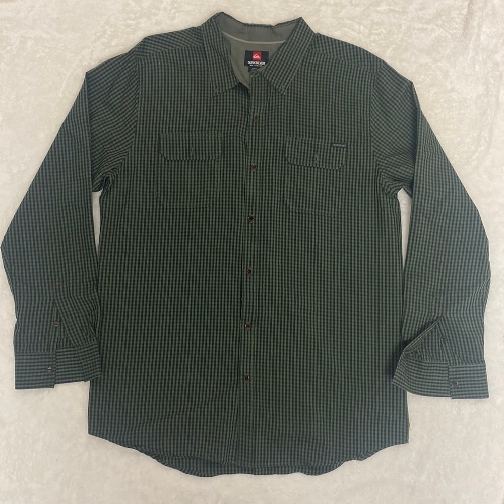 Quicksilver Green and Black long sleeve plaid button down shirt.  Size XXL